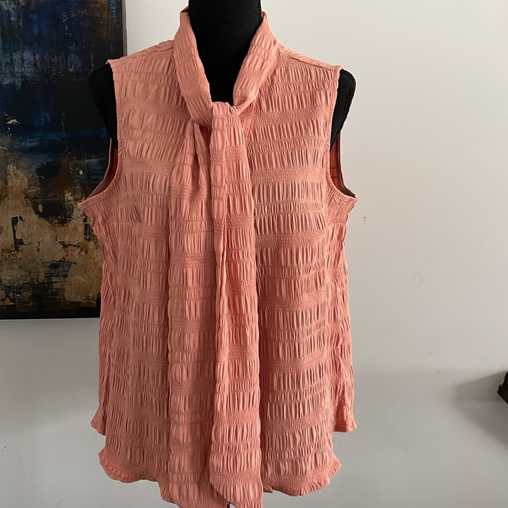 Alex & Parker Peach Color Blouse SizeM Crinkle Textured Business Casual Tie Neck
